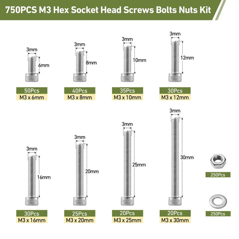 Ultimate M3 Screws And Nuts Kit For 3D Printing 750 Piece Set In 304 Stainless Steel with screws, nuts, washers displayed.