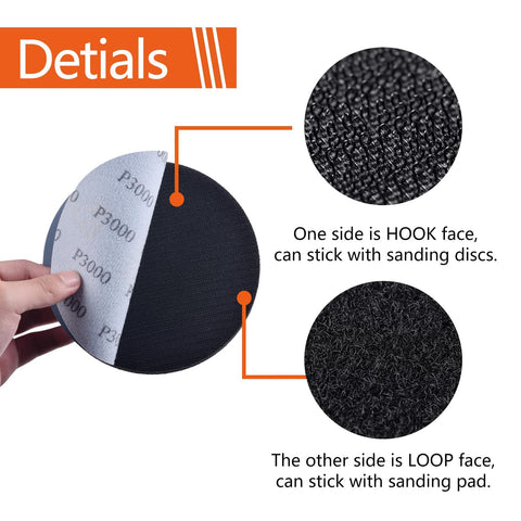 Close-up of 6 Inch Hook And Loop Sanding Discs Set With 80 Pcs Wet Dry Sandpaper Grits 1000 1500 2000 3000 And 2 Foam Pads showcasing hook and loop side