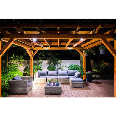 Outdoor pergola with wooden structure, featuring Mission Collection ZMAX Black Powder Coated 90 Degree Angle for 6X Lumber brackets.
