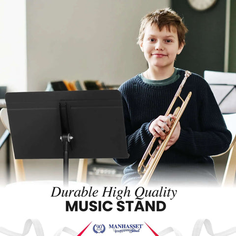 Young musician with trumpet next to Durable Sheet Music Stand For Musicians Pro Grade 48 Symphony Model Adjustable Height 26-48 Inches.