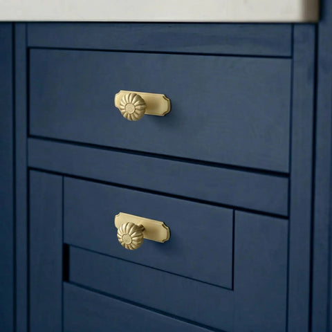 Solid Brass Cabinet Knob With Backplate Brushed Brass Pumpkin Drawer Pull on navy kitchen cabinet