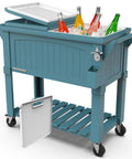 Party Cooler With Divider And Locking Lid, 80-Qt Rolling Ice Chest For Indoor Outdoor Entertaining, open with drinks inside