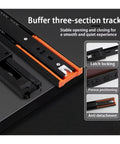 Ultra Smooth Heavy Duty Bottom Mount Drawer Slides Featuring Silent Buffer Closing Design And Fully Concealed Steel Cabinet Runners For Zero Hassle Furniture Fixes detail of three-section track with latch locking mechanism