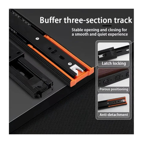 Ultra Smooth Heavy Duty Bottom Mount Drawer Slides Featuring Silent Buffer Closing Design And Fully Concealed Steel Cabinet Runners For Zero Hassle Furniture Fixes detail of three-section track with latch locking mechanism