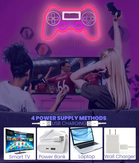 PS Controller Neon Light Sign For Gaming Rooms With Dimmer displayed above TV, powered by various devices
