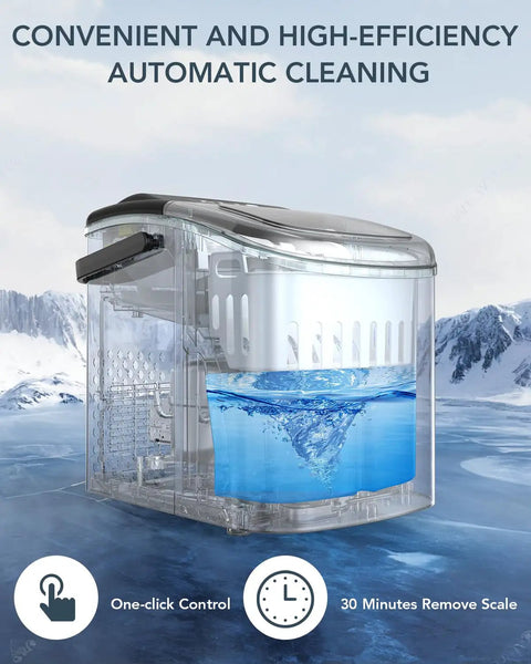 Dope Little Portable Countertop Ice Maker With Self Cleaning And Easy Carry Design on icy background with water inside