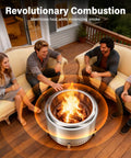 Group enjoying 20 Inch Smokeless Patio Fire Pit For Backyard Hangouts, Garden And Patio, Stainless Steel Outdoor Wood Burning Fire Pit With Double Wall Vent System And Removable Ash Pan For Cleaner Burns And Less Smoke on wooden patio