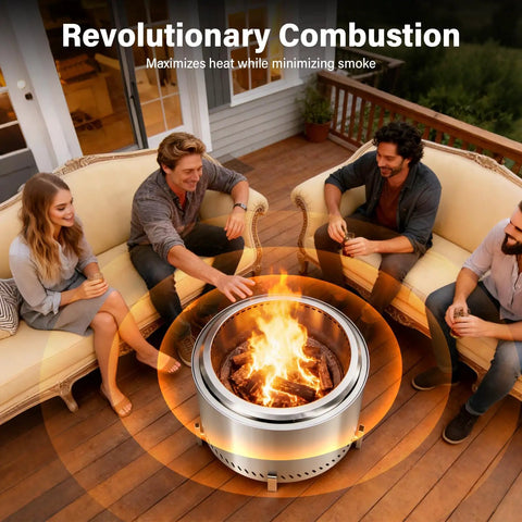 Group enjoying 20 Inch Smokeless Patio Fire Pit For Backyard Hangouts, Garden And Patio, Stainless Steel Outdoor Wood Burning Fire Pit With Double Wall Vent System And Removable Ash Pan For Cleaner Burns And Less Smoke on wooden patio