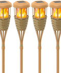 Solar Torch Lights With Realistic Flickering Flame Outdoor Yard Path And Patio Decor 4 Pack Waterproof LED Garden Lights With Bamboo Weave For Easy Install Cozy Night Vibe And Dope Nighttime Ambiance