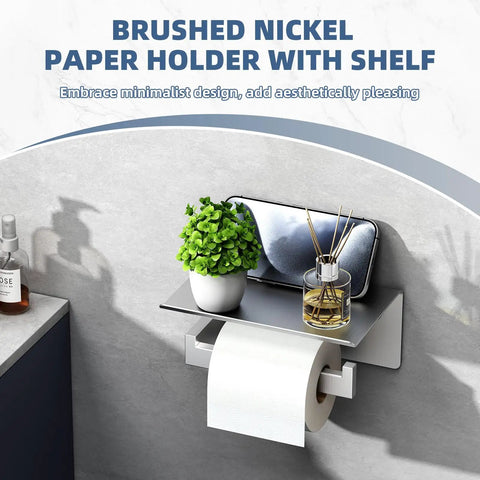 Brushed Nickel Toilet Paper Holder With Large Phone Shelf, 304 Stainless Steel Wall Mounted Bathroom Paper Roll Dispenser