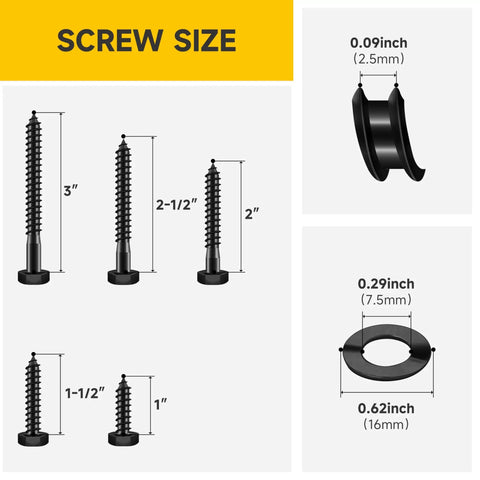 109 Piece 1/4 Inch Lag Screws And Washers Kit Pro Grade Heavy Duty Wood Bolts displayed with size measurements from 1 to 3 inches.