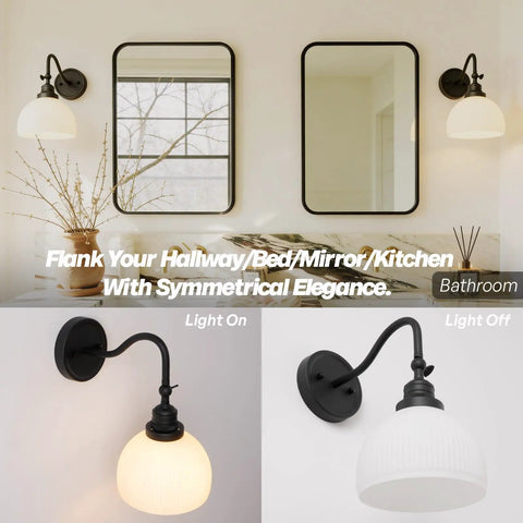 SongCiLT Vintage Wall Sconce 1-Light with White Striped Glass Globe Shade, black metal fixture, stylish wall lighting.