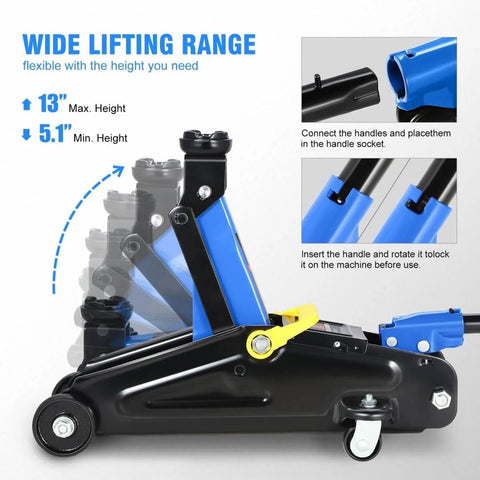Low Profile Hydraulic Trolley Floor Jack 2 Ton Capacity 4000 Lbs With Lift Range From 5.1 To 13 Inches, side view