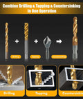 Junreox 6-pack drill and tap set with HSS titanium bits; SAE taps 6-32 to 1/4-20, quick-change 1/4 in hex shank