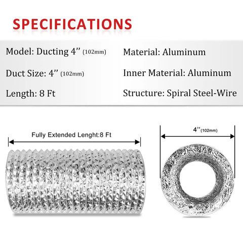 Must Have 4 Inch Dryer Vent Hose Aluminum Foil Ducting Flexible 8 Ft Long Non Insulated specifications with duct diagram.