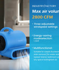 Industrial Air Mover Fan For Water Damage Restoration And Carpet Drying, 1/2 HP, 2800 CFM, 3-speed, blue color on floor