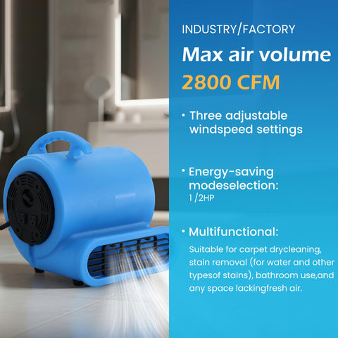 Industrial Air Mover Fan For Water Damage Restoration And Carpet Drying, 1/2 HP, 2800 CFM, 3-speed, blue color on floor