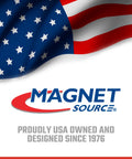 Magnet Source logo with blue text and red swoosh on white background beneath a waving American flag.