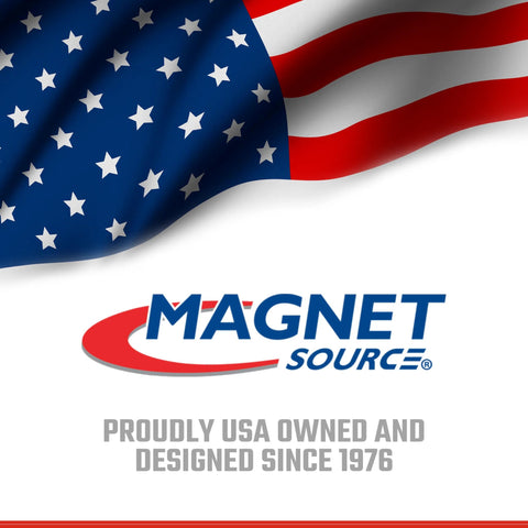 Magnet Source logo with blue text and red swoosh on white background beneath a waving American flag.