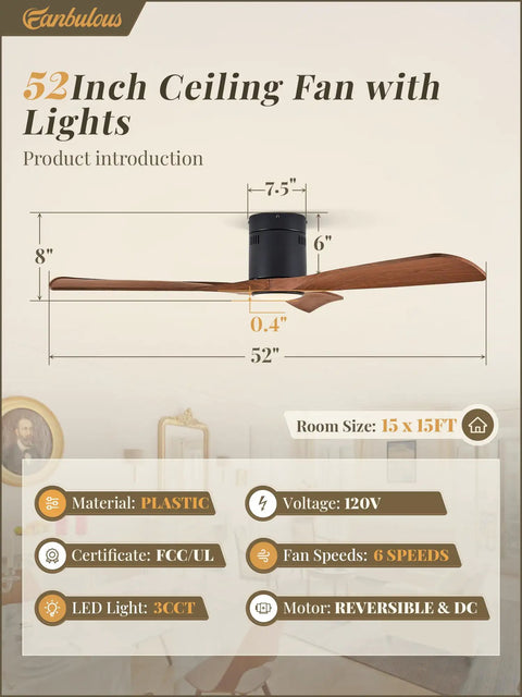 52 Inch Ceiling Fan With Lights And Remote Modern Flush Mount 3 Color Temperatures LEDs Quiet DC Motor displayed with dimensions