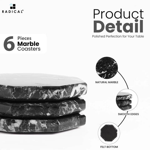 Slick Black Star Marble Coasters Set Of Six Natural Polished Stone Drink Guards For Coffee And Dining Tables stacked view showing smooth edges.