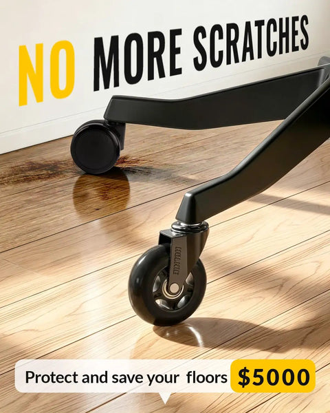 Office Chair Wheels Set Of 5 3 Inch All Black Casters 11x22mm on hardwood floor, no more scratches text above.