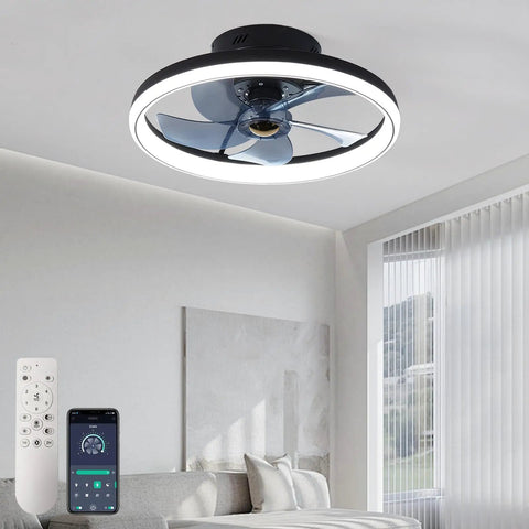 Dope 20 Inch Dimmable Ceiling Fan With Light And Remote, 6 Speed Reversible Low Profile Flush Mount in modern living room.
