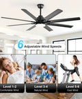 52 Inch Smart Ceiling Fan With Lights For Indoor Outdoor Use Remote Control Works With Alexa And Google Assistant Quiet Reversible DC Motor 6 Speed 8 Blade Black Ceiling Fan For Patio Bedroom Garage displayed in a living room.