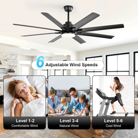 52 Inch Smart Ceiling Fan With Lights For Indoor Outdoor Use Remote Control Works With Alexa And Google Assistant Quiet Reversible DC Motor 6 Speed 8 Blade Black Ceiling Fan For Patio Bedroom Garage displayed in a living room.