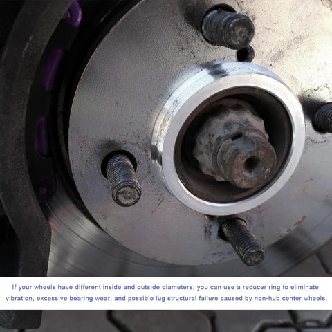 Close-up of Premium Hub Centric Rings 4 Pcs For Car Wheels 64 To 73 Mm Wheel Adapter Spacers aluminum alloy on wheel hub.