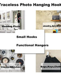 Traceless Photo Hanging Hooks collage showcasing uses for wedding photos, jewelry, clocks, and bags.