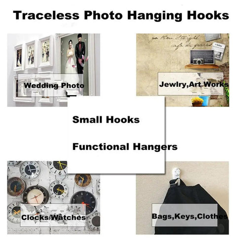 Traceless Photo Hanging Hooks collage showcasing uses for wedding photos, jewelry, clocks, and bags.