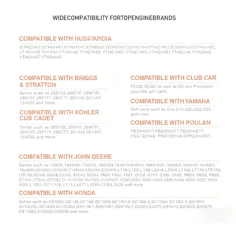 Image showing wide compatibility list for Pulse Fuel Pump with various engine brands including Husqvarna, Honda, John Deere.