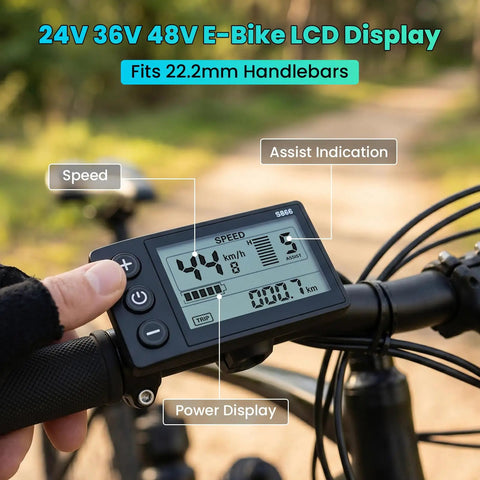 Universal LCD Electric Bike Display With Speedometer And Odometer For 24V 36V 48V E Bikes And Scooters Easy Plug And Play Control Panel 0.9 Inch Handlebar Mount Black Ride Ready