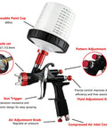 Pro Grade LVLP Spray Gun With Easy Swap 1.3 1.5 1.7 2.0 Mm Tips Plus Ten Disposable Cups Rock Strong Forged Aluminum Body, close-up of 600ml paint cup and adjustment knobs.