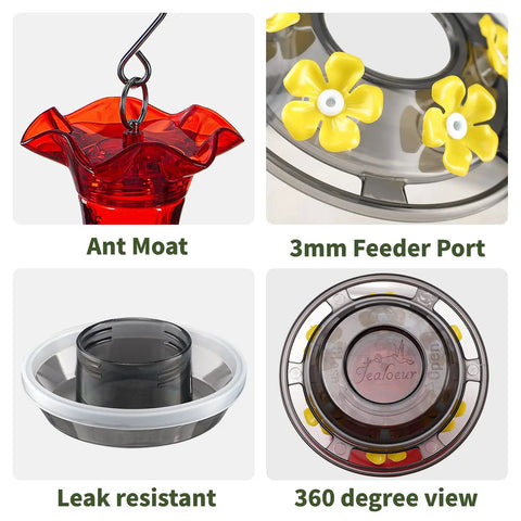 Outdoor Hummingbird Feeder 18 Oz With 6 Bee Guard Ports Built In Ant Moat Easy To Clean Durable Unbreakable Material 360 Degree Viewing