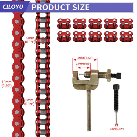 Front view: CILOYU red #35 go-kart roller chain, 3 ft, with master link set and chain breaker tool
