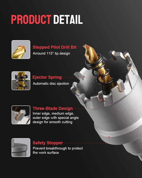 Close-up of Kolvoii 14‑pc TCT hole saw kit for hard metal in aluminum case with carbide-tipped bits, 9/16–2-1/8 in