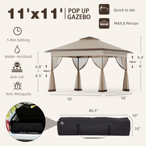 11x11 Pop Up Gazebo With Mosquito Netting One Person Setup Water Resistant Backyard Canopy For Family Patio And Garden Use Khaki