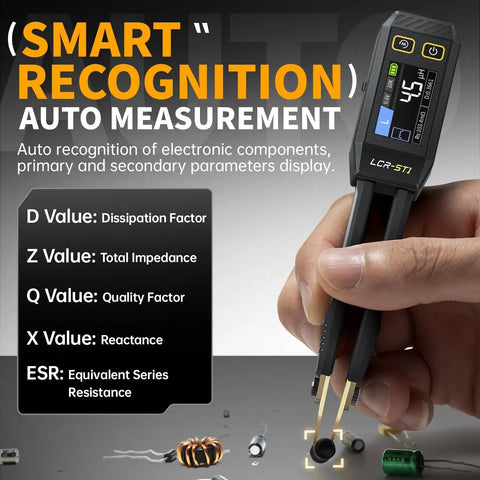 LCR ST1 10KHz LCR Meter With Tweezers Beast All In One SMD Tester in use displaying auto-recognition feature on HD screen