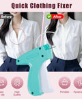 Slick Mini Tagging Gun For Apparel Repair And Crafting This Reliable Clothes Stapler fastens a white shirt with a blue handle.