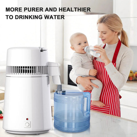 Heavy Duty Stainless Steel Countertop Water Stiller That Makes Up To Six Gallons Distilled Water Daily For Healthier Hydration Essential Oil Mixing And Plant Care With Durable Plastic Collection Container For Home Use, in a kitchen with a mother and child.