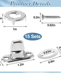 Top Shelf Quarter Turn Fasteners 15 Pack showing zinc alloy twist locks, screws, and measurements for outdoor gear.