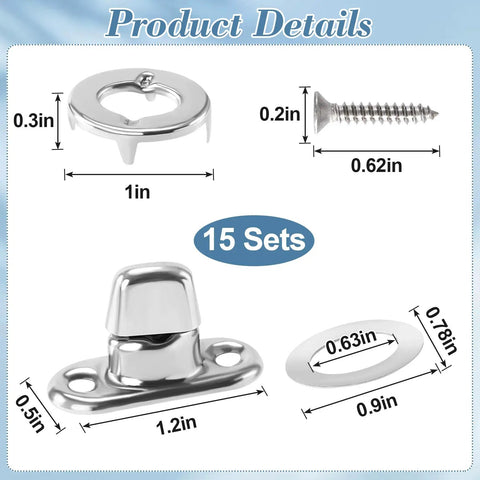 Top Shelf Quarter Turn Fasteners 15 Pack showing zinc alloy twist locks, screws, and measurements for outdoor gear.