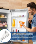 Man opening a fridge door with a diagram inset of Stainless Steel Freezer Door Hinges Replacement Center Column Hinge Left Shaft 1.46 Inch Distance For Fridge
