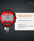 Pro Grade Two Way AC Manifold Gauge With Digital Pressure Readout, adjustable temperature and pressure units display.