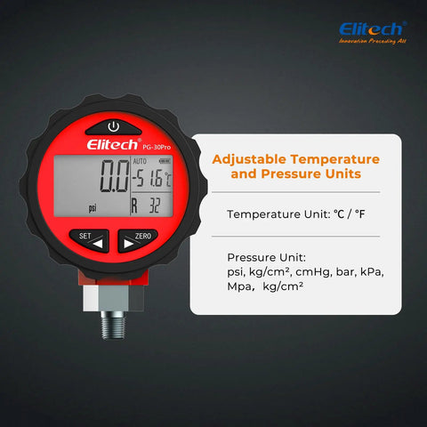 Pro Grade Two Way AC Manifold Gauge With Digital Pressure Readout, adjustable temperature and pressure units display.