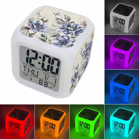 Solid Pick Straight Up Quiet Digital Cube Alarm Clock Country Blue Floral Pattern With Vintage Stamp Letters displaying time and temperature.