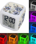 Chunky Cube Alarm Clock With Bright Led Panel And Seven Color Night Light Sturdy Plastic Housing Lazy Snooze Button Time Date Temperature Display For Desk Or Nightstand Adding Chill Vintage Floral Vibe To Your Setup.