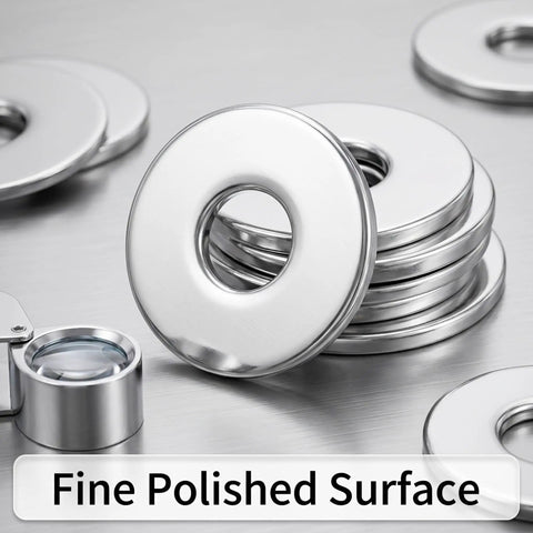 Stainless Steel Fender Flat Washers for Screws and Bolts, Heavy Duty Built Tough, polished 304 grade metal washers displayed